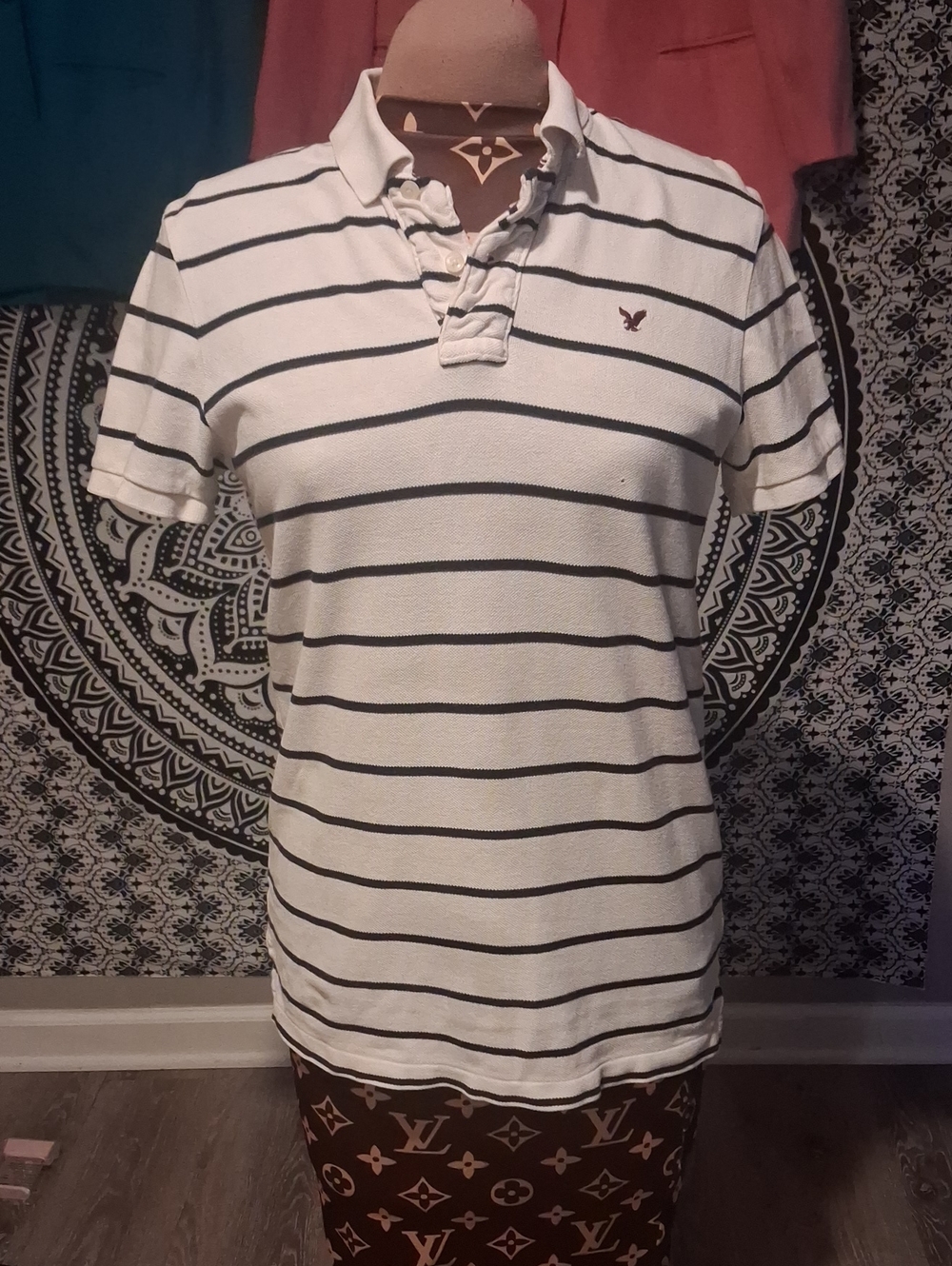 American Eagle Outfitters White Polo with Black Stripes